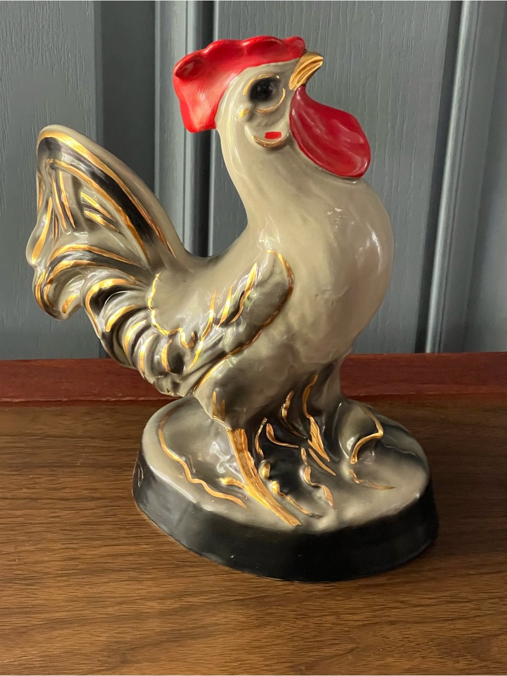 Vintage Ceramic Rooster Figurine - Gray with Red Accents